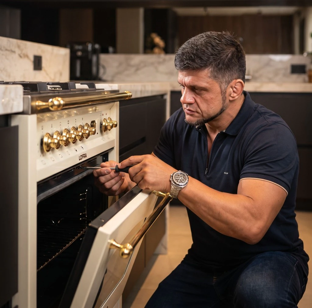 Anselmo Bueno consertando um fogão Lofra em uma cozinha residencial